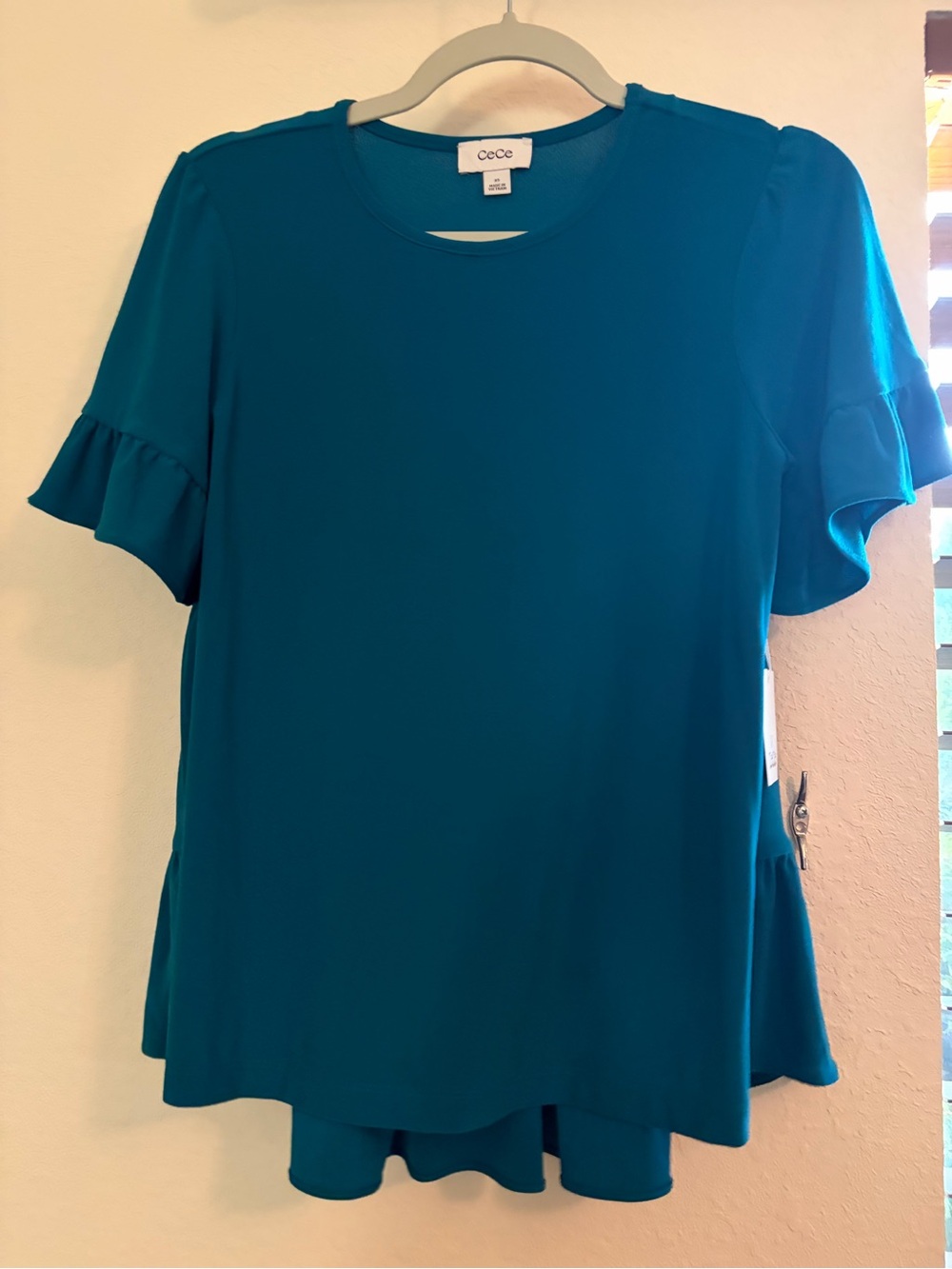 CeCe Teal Short Ruffle Sleeve Blouse